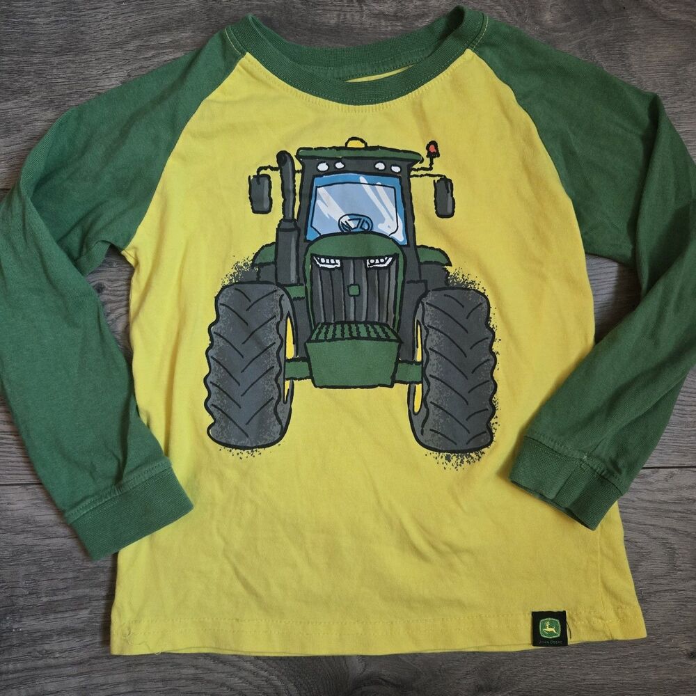 John Deere Toddler 4T Shirt Tractor Front Back Raglan Long Sleeve Yellow Kidcore
